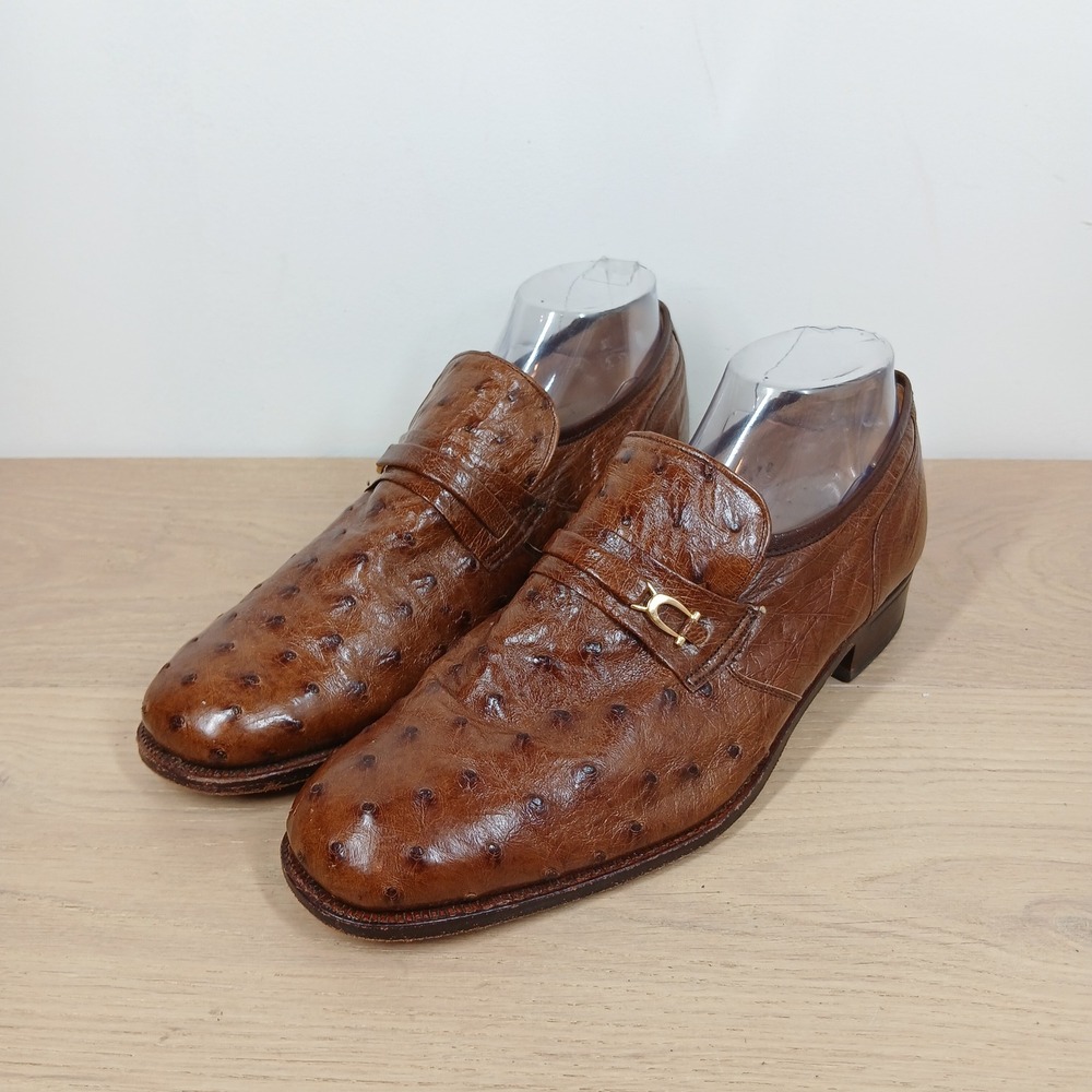Crockett & Jones Penny Loafers Mens 9.5 Brown Ostrich Leather Exotic Gold Bit